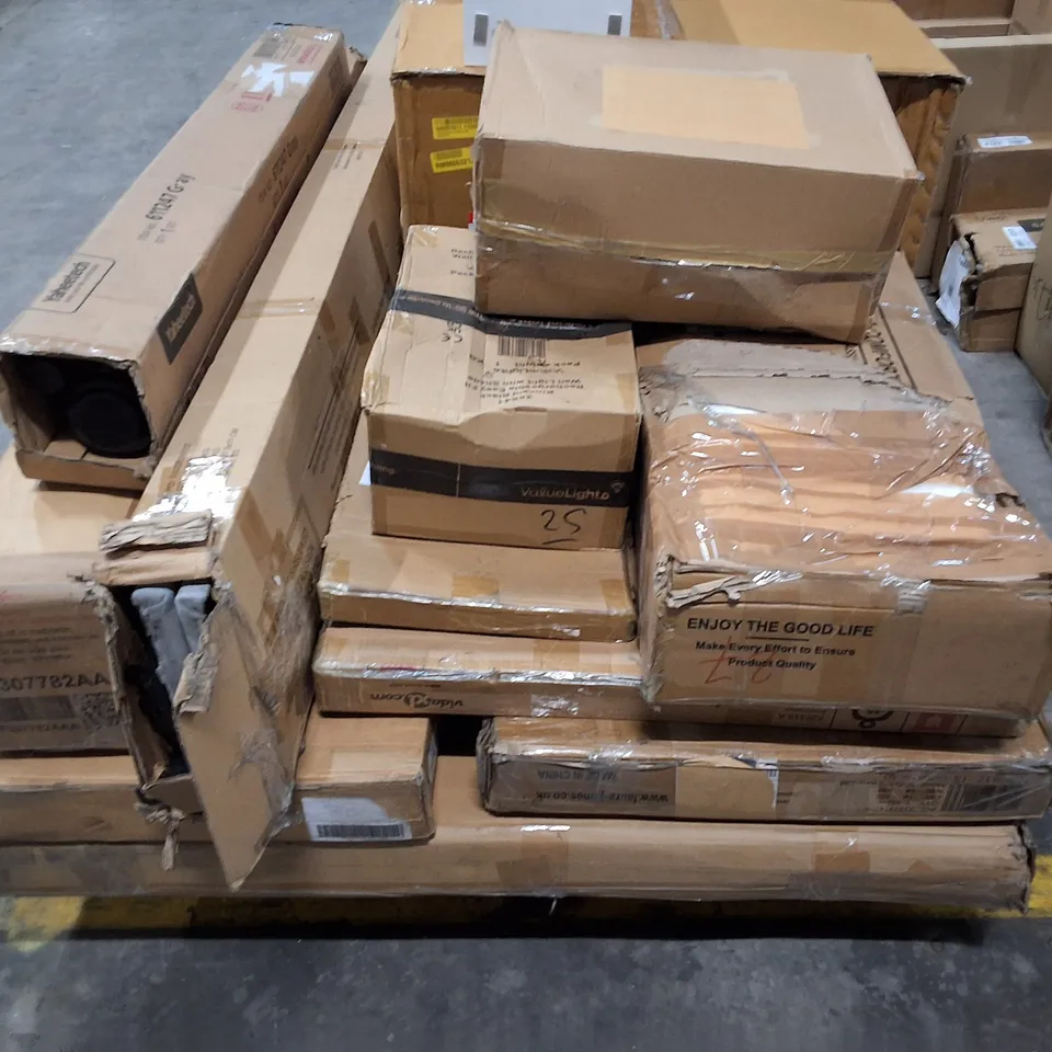 PALLET OF ASSORTED FLAT PACK AND HOUSEHOLD ITEMS TO INCLUDE BED FRAME AND COFFEE TABLE PARTS AND WALL LIGHT WITH SHADE