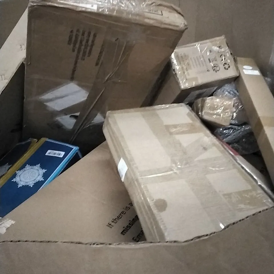 PALLET OF ASSORTED ITEMS INCLUDING RUG, TELESCOPIC TRESTLES, WHITE CHRISTMAS TREE, ALUMINIUM FRAME WHITEBOARD AND HEATED BLANKET 