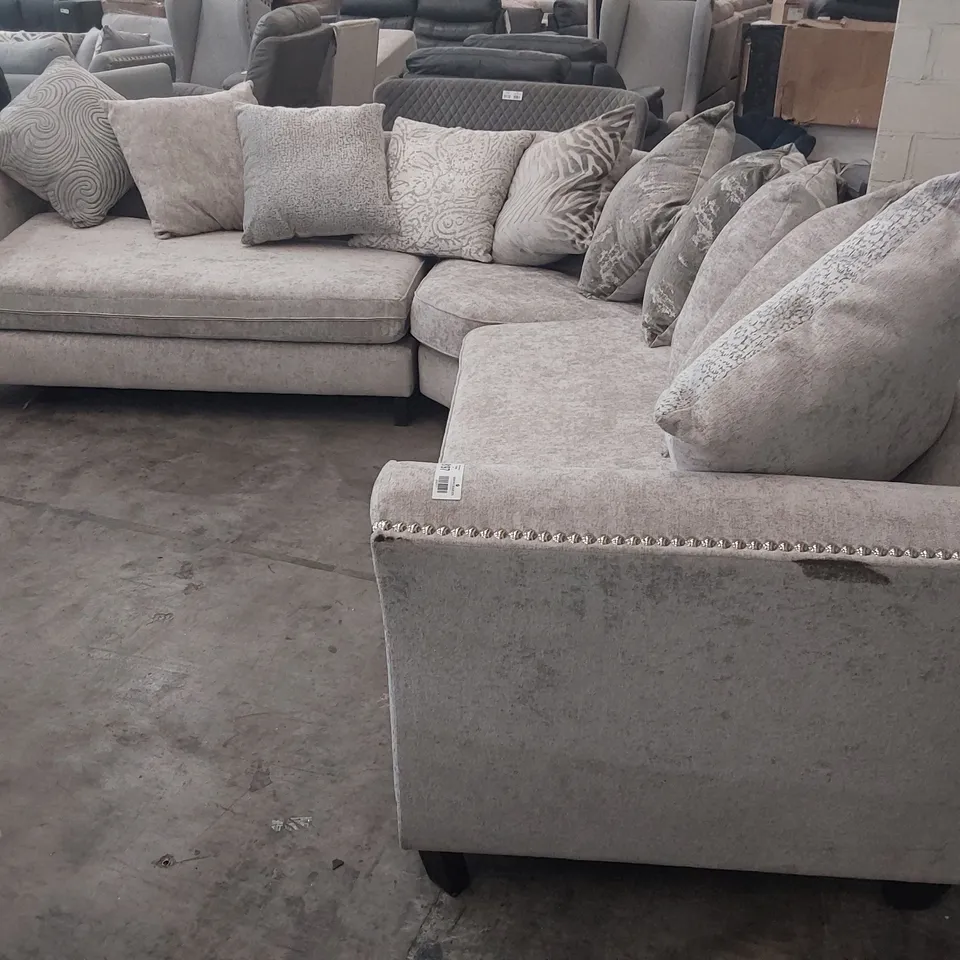 DESIGNER CORNER GROUP SILVER FABRIC WITH SCATTER CUSHIONS & STUDDED DETAIL