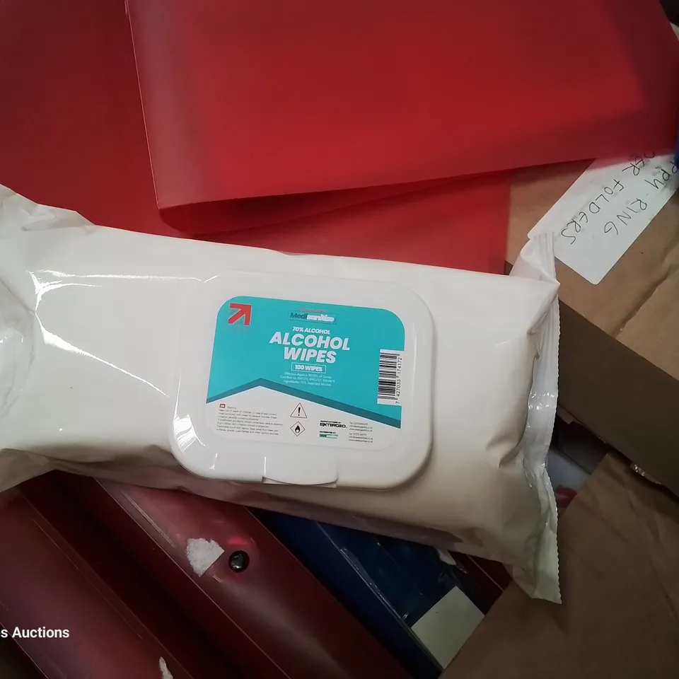 PALLET OF ASSORTED ITEMS INCLUDING 8 HAND WASH STATIONS, PATIENT RECORD HOLDERS, A4 RING FILES, CARDBOARD FILE BOXES, ALCOHOL WIPES
