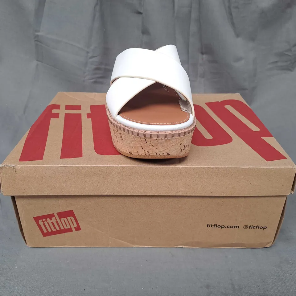BOXED PAIR OF FITFLOP ELOISE WEDGE CROSS SLIDERS IN WHITE UK SIZE 4