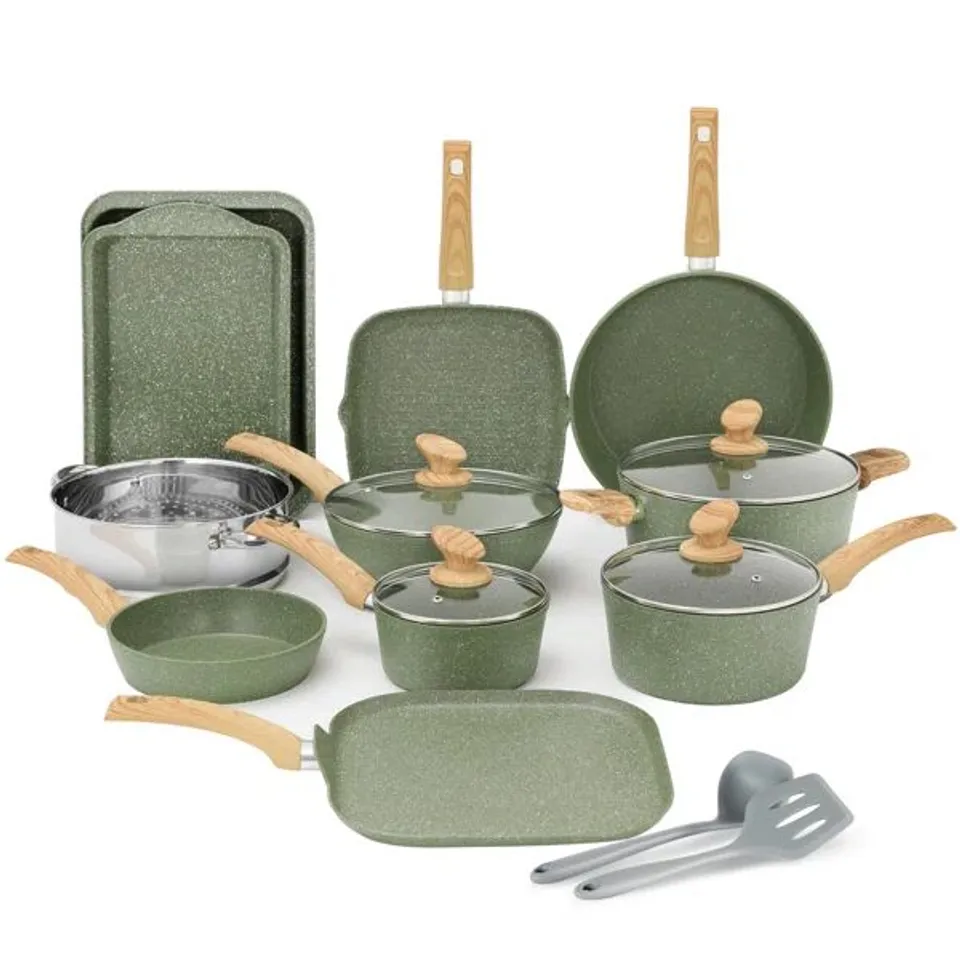 BOXED 17 PIECE NON-STICK ALUMINIUM COOKWARE SET - GREEN (1 BOX)