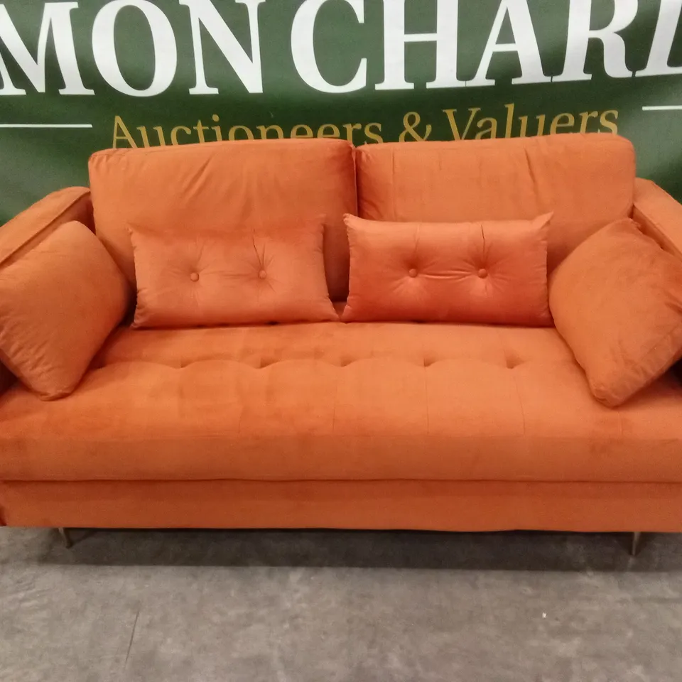DESIGNER 2 SEATER SOFA WITH SCATTER CUSHIONS - ORANGE VELVET