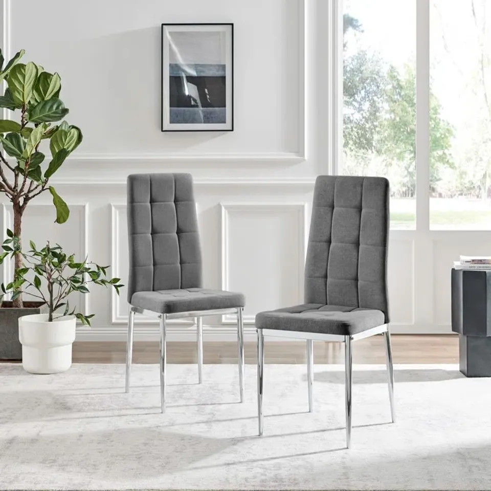 BOXED PAIR OF PALLO BUTTON TUFTING LUXURY FABRIC DINING CHAIRS MODERN CONTEMPORARY DESIGN- GREY 