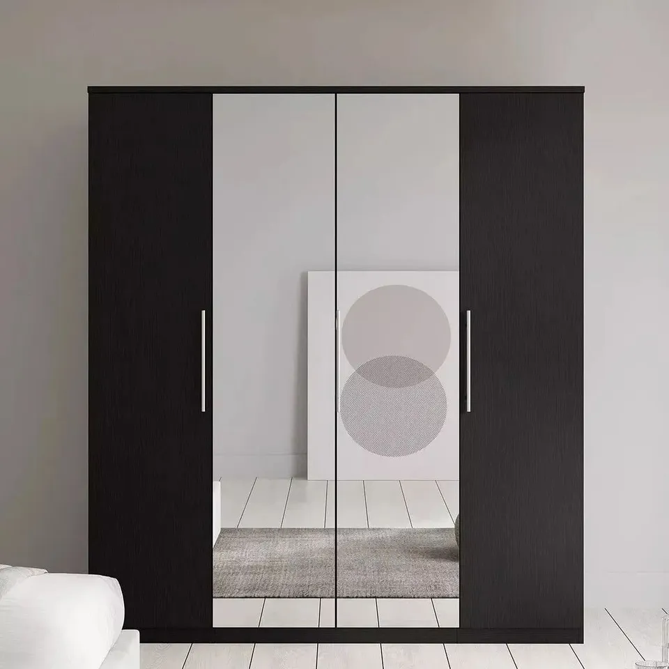 BOXED PRAGUE 4 DOOR WARDROBE WITH MIRRORS - BLACK ASH (5 BOXES)