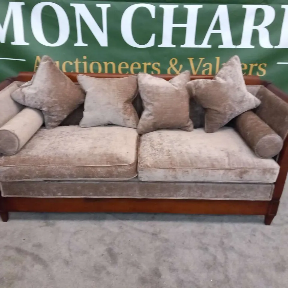 DESIGNER MAHOGANY FRAMED SOFA IN LAID WITH LIGHT BROWN FABRIC