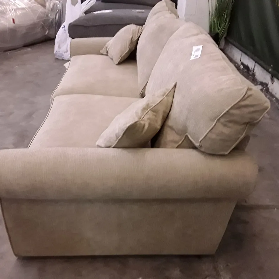 QUALITY DESIGNER WILLIAM HIGH BACK 3 SEATER SOFA - TAN FABRIC
