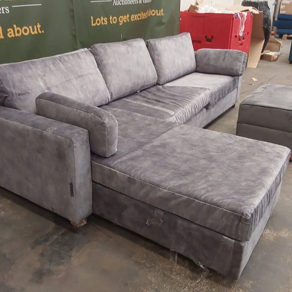 QUALITY DESIGNER CORNER CHAISE STORAGE SOFA BED WITH FOOTSTOOL - SILVER FABRIC