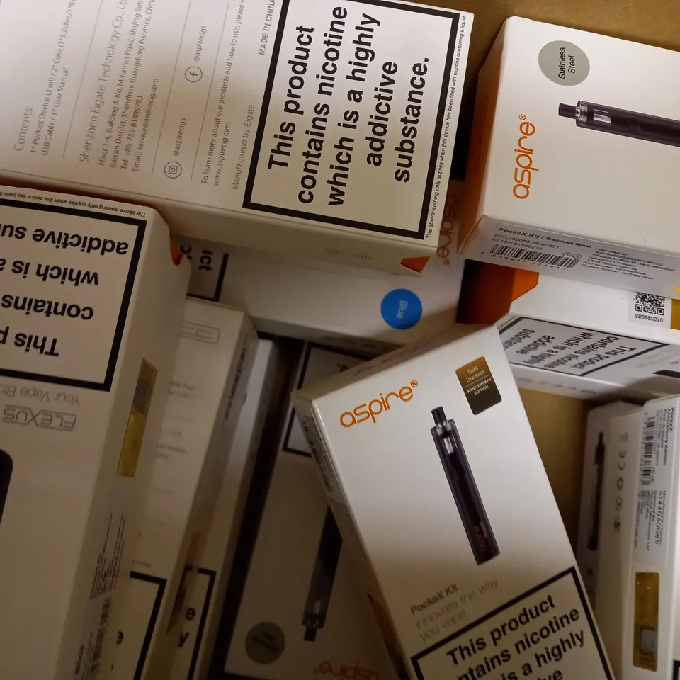 APPROXIMATELY 20 ASSORTED BOXED ASPIRE VAPING PRODUCTS TO INCLUDE RHEA 200 MOD, FLEXUS BLOK, FLEXUS STIK KIT ETC.