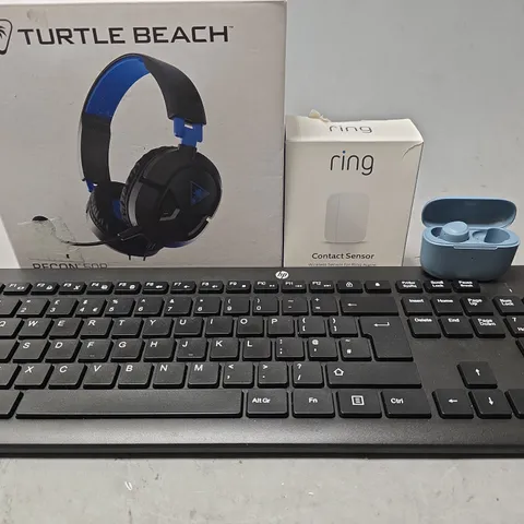 BOX OF APPROXIMATELY 8 ASSORTED ITEMS TO INCLUDE - TURTLE BEACH HEADPHONES , RING CONTACT SENSOR , HP KEYBOARD ETC