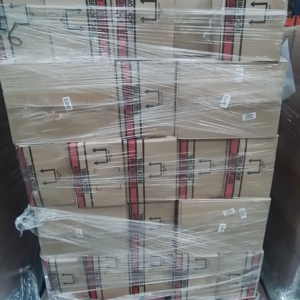 PALLET CONTAINING APPROXIMATELY 50 6-PACK BOXES OF BRAND NEW SUMMER THEMED BEACH TOWELS 