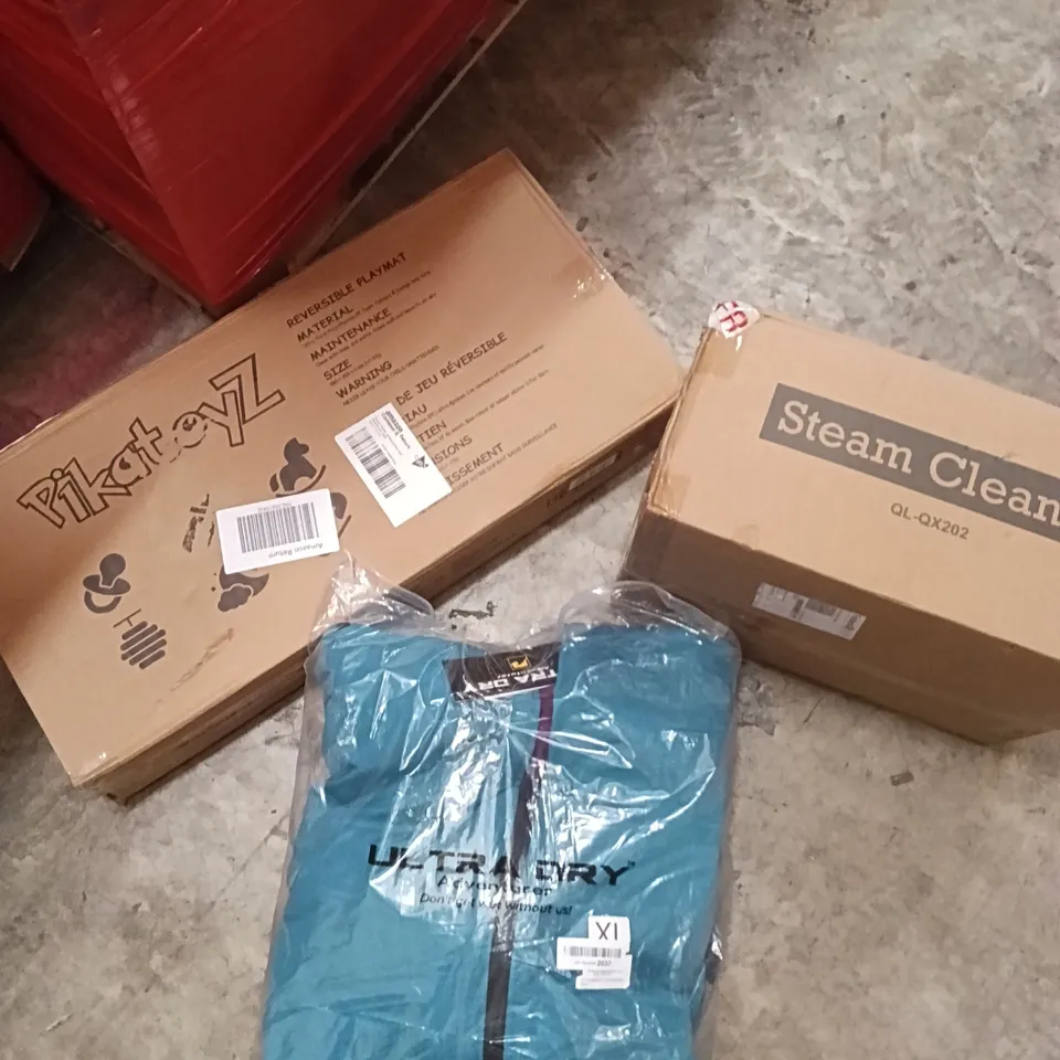 PALLET OF ASSORTED ITEMS INCLUDING - JACKET ( XL), REVERSIBLE PLAY MAT, STEAM CLEANER 