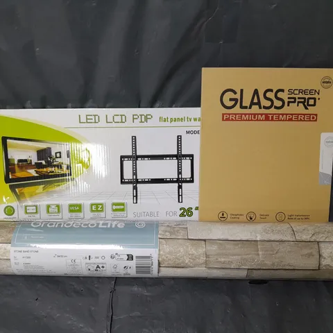 APPROXIMATELY 20 ASSORTED HOUSEHOLD ITEMS TO INCLUDE GLASS SCREEN PROTECTOR, TV WALL MOUNT, WALLPAPER, ETC