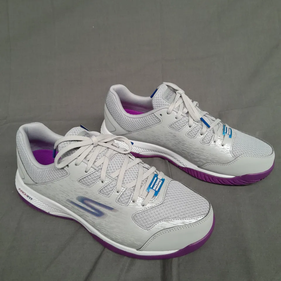 BOXED PAIR OF SKETCHERS VIPER COURT GRAY/PURPLE SIZE 10