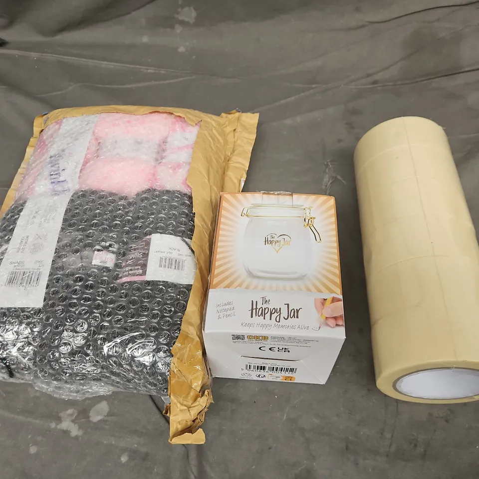 LARGE BOX OF APPROX 10 ASSORTED HOUSEHOLD ITEMS TO INCLUDE HAPPY JAR, MASKING TAPE AND YARNS OF WOOL - COLLECTION ONLY 
