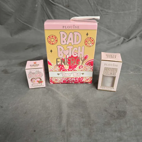 PLOUISE LOT OF 3 ASSORTED ITEMS TO INCLUDE - VANILLA BERRY DONUT LIP DUO - BANANA BERRY PLUMP MOISTURE MASK - BODY GLITTER