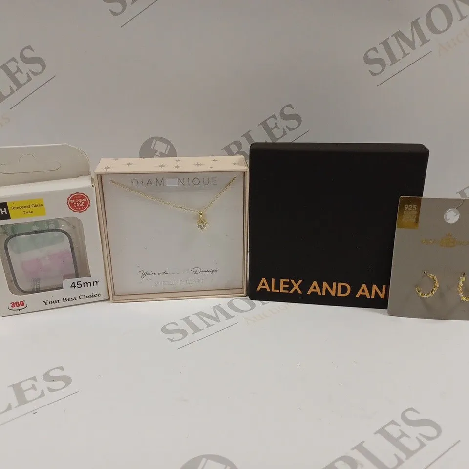 BOX OF APPROX 20 ASSORTED ITEMS TO INCLUDE A PROTECTIVE WATCH CASE, DIAMONIQUE NECKLESS, ALEX AND ANI BRACELET, ETC.  