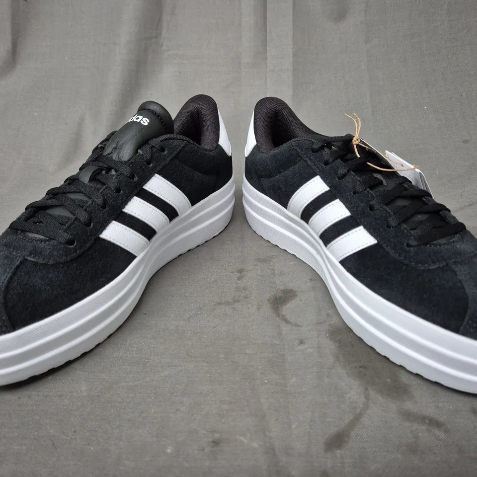 BOXED PAIR OF ADIDAS VL COURT BOLD SHOES IN BLACK/WHITE UK SIZE 8