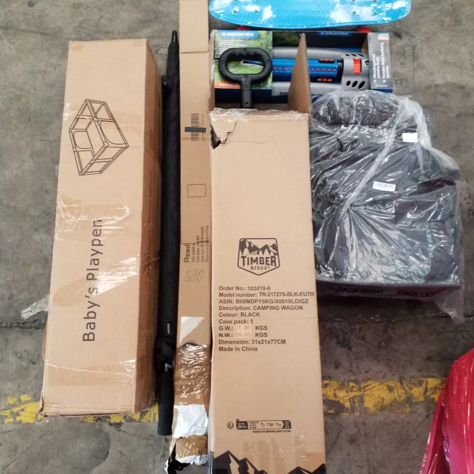 PALLET OF ASSORTED PRODUCTS INCLUDING BABYS PLAYPEN, CAMPING WAGON, CHAIR MAT, GARDEN SPRINKLER, UMBRELLAS, SKATEBOARD 