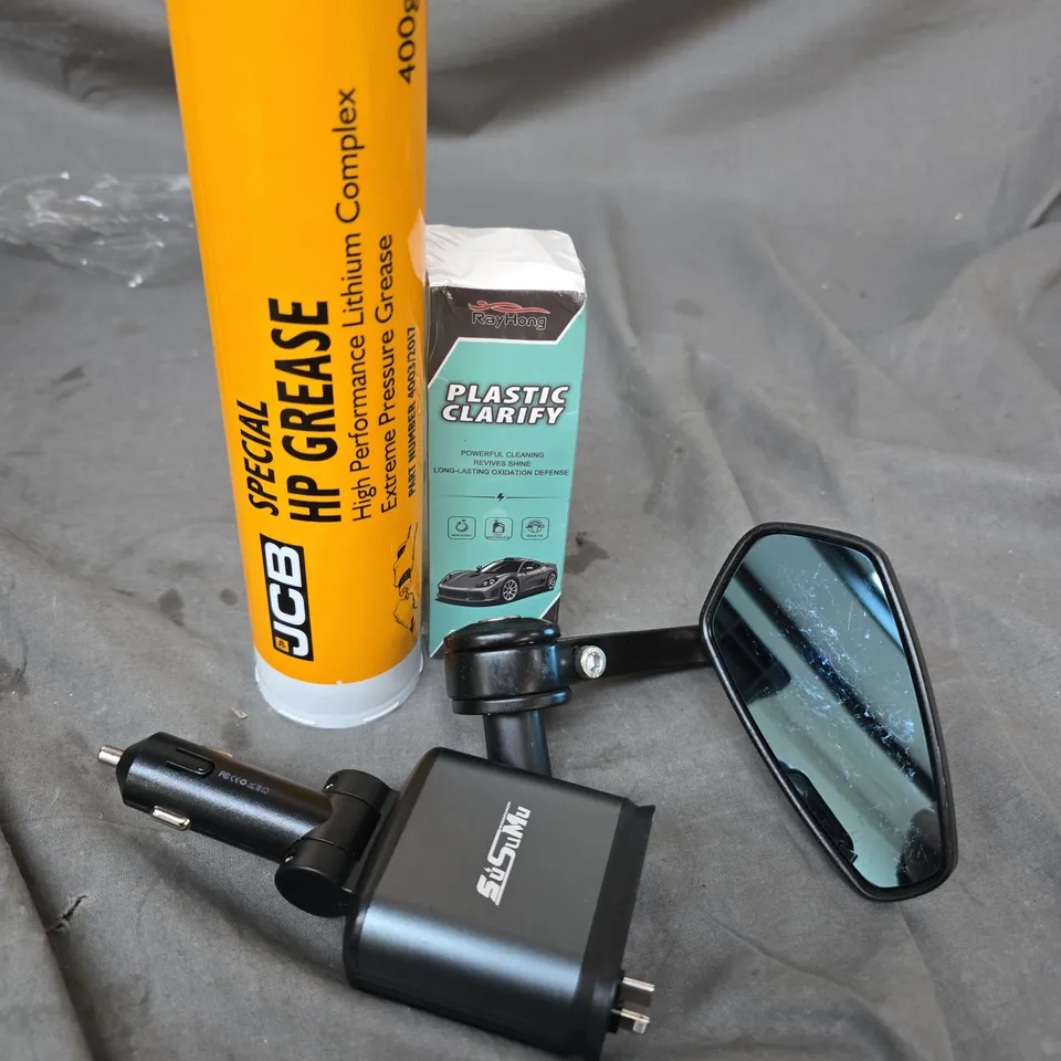 BOX OF ASSORTED CAR ITEMS TO INCLUDE JCB HP GREASE - BIKE MIRROR - SPARK PLUGS 