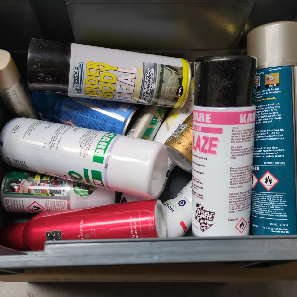 APPROXIMATELY 15 ASSORTED AEROSOLS TO INCLUDE IMPULSE HINT OF MUST BODY SPRAY, AIR WICK PARADISE ISLAND AIR FRESHENER REFILL AND COOL CARE PLUS FOR CLIPPER BLADES