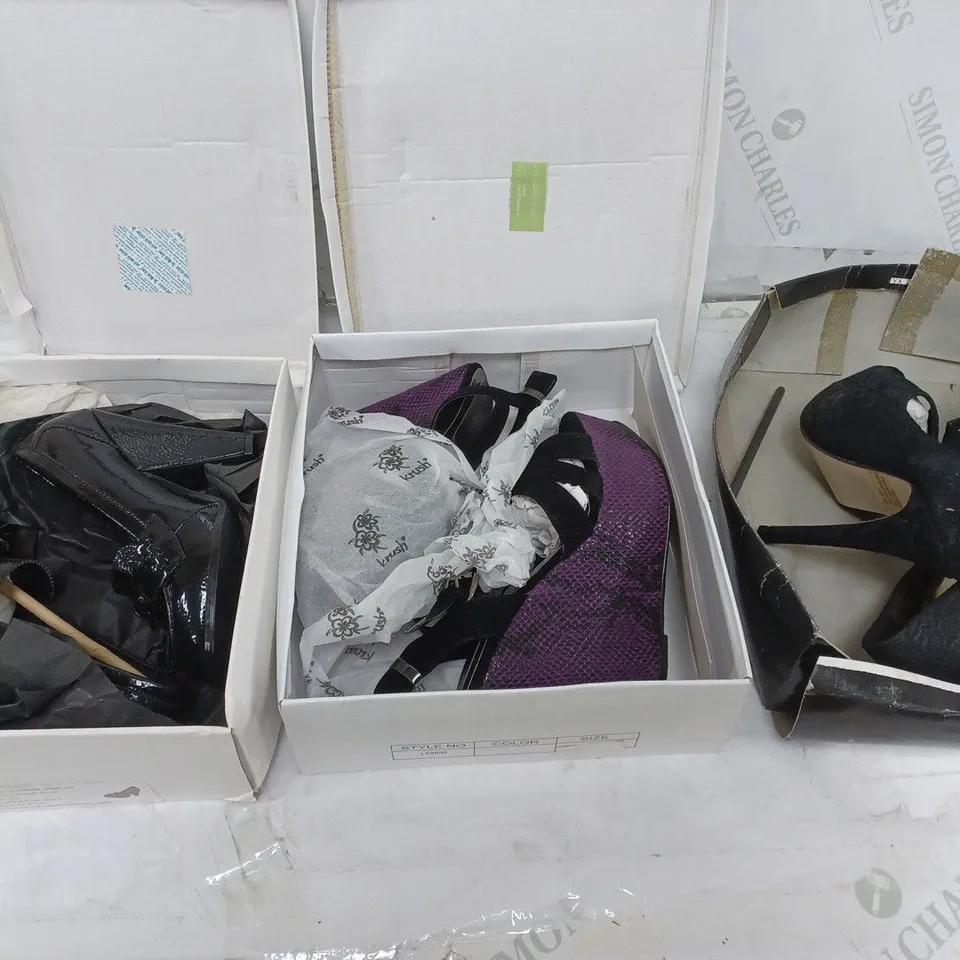 LARGE BOX OF APPROXIMATELY 10 ASSORTED BOXED AND UNBOXED SHOES TO INCLUDE BOOTS AND HEELS ETC.