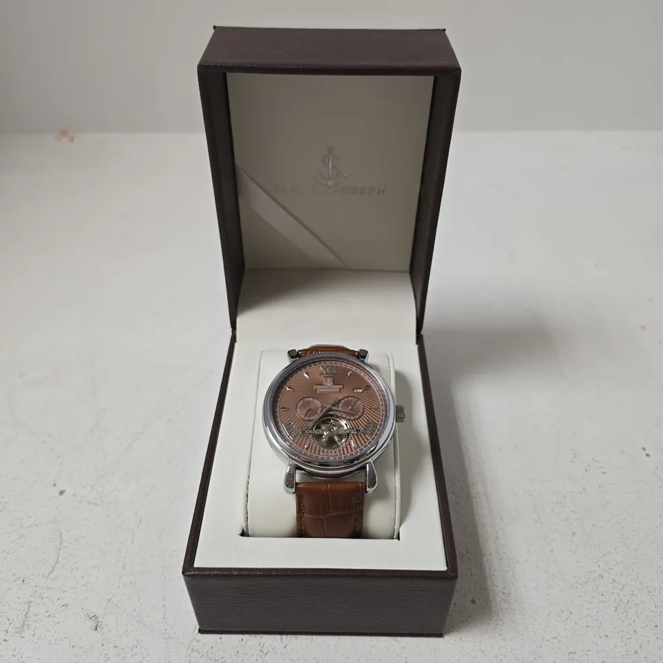 BOXED SAMUEL JOSEPH AUTOMATIC LIMITED EDITION SILVER WATCH WITH BROWN FACE