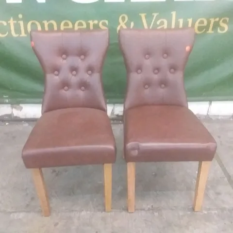 SET OF 2 BEWLEY CLUB BROWN LEATHER BUTTON BACK DINING CHAIR (OAK LEG)