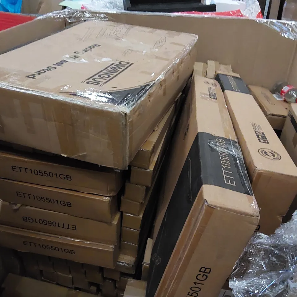 PALLET OF ASSORTED ITEMS INCLUDING: RACING WHEEL STAND, TV STAND WITH MOUNT, COOKING EQUIPMENT, TELESCOPIC EXTENDABLE POLE