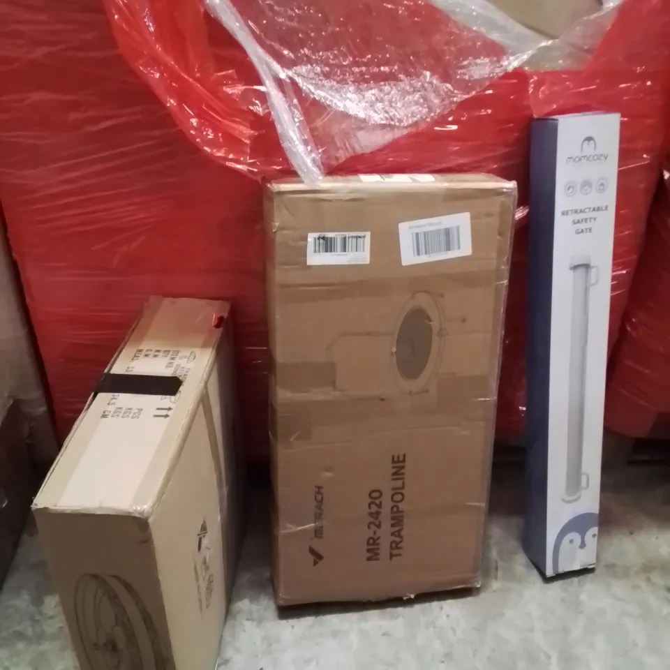 PALLET OF ASSORTED HOUSEHOLD GOODS AND PRODUCTS TO INCLUDE;CEILING FAN,TRAMPOLINE,RETRACTABLE SAFETY GATE