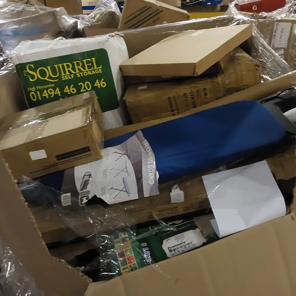 PALLET TO CONTAIN ASSORTED HOUSEHOLD ITEMS AND CONSUMER PRODUCTS. INCLUDING TOILET SEATS, KITCHEN ORGANIZER, IRONING BOARD, PRESSURE SPRAYER, BOXED FURNITURE ETC