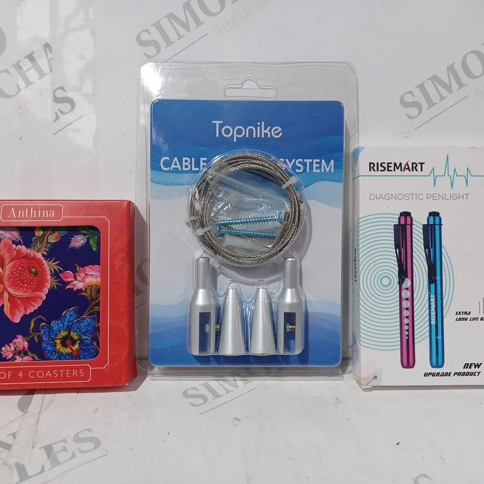 APPROXIMATELY 10 ASSORTED HOUSEHOLD ITEMS TO INCLUDE RISEMART DIAGNOSTIC PENLIGHT, TOPNIKE CABLE DISPLAY SYSTEM, ANTHINA SET OF COASTERS, ETC