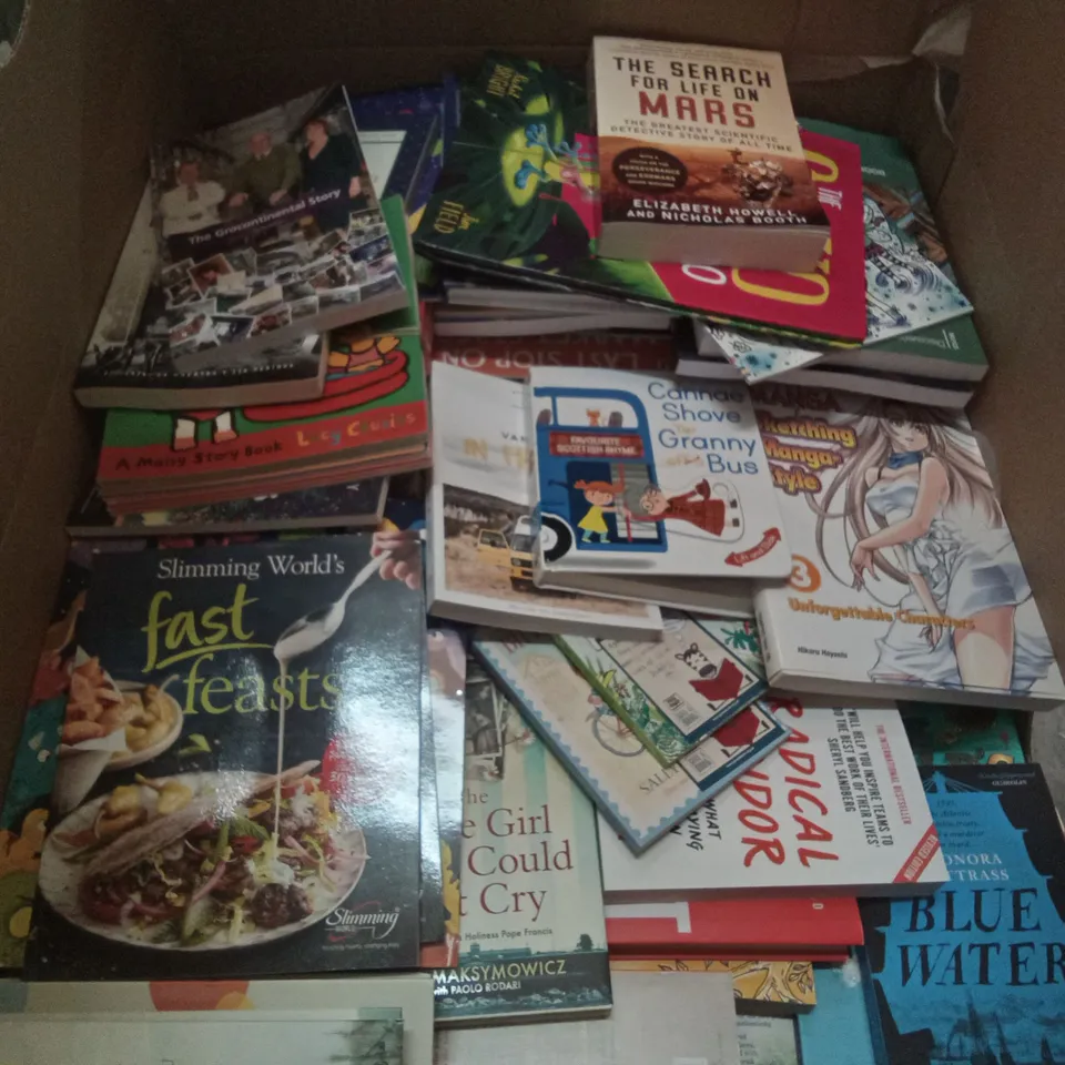 CAGE OF ASSORTED BOOKS BY DELIA OWENS, MALORIE BLACKMAN, CHRIS RIDDELL, SINCLAIR MCKAY, SALLY ROONEY, BOB MORTIMER    
