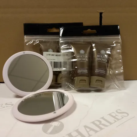 LOT OF 3 ITEMS TO INCLUDE TILI COMPACT MIRROR AND TWO SETS OF MOLTON BROWN LONDON BODY LOTION - YLANG YLANG 30ML