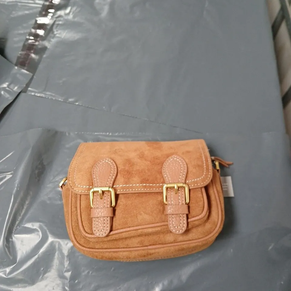 OLIVER BONAS TAN SUEDE MINI HANDBAG WITH BUCKLE DETAIL