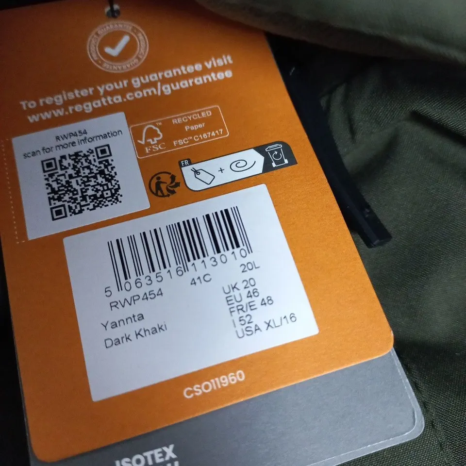 REGATTA GREAT OUTDOORS WATERPROOF JACKET – UK 20 (DARK KHAKI) THERMOGUARD ISOTEX STRETCH 15000