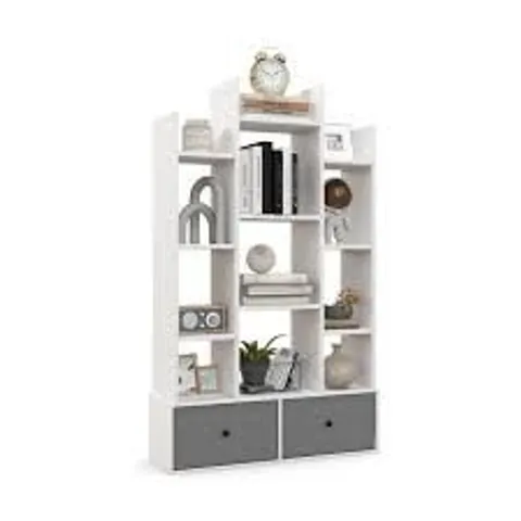 BOXED 12-TIER WOODEN BOOKSHELF WITH FOLDING DRAWER FOR STUDY LIVING ROOM - WHITE