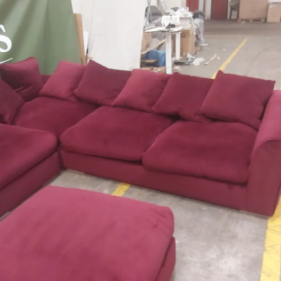 QUALITY DESIGNER EX DISPLAY LARGE VELVET CORNER SOFA WITH FOOTSTOOL - WINE RED 