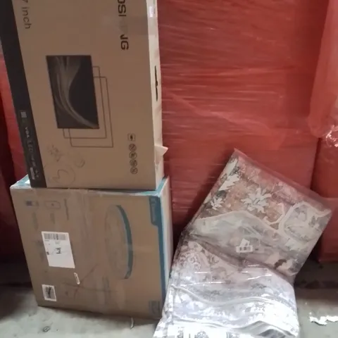 PALLET OF ASSORTED HOUSEHOLD GOODS AND PRODUCTS TO INCLUDE;CEILING FAN,27INCH MONITOR,LARGE AREA RUG 