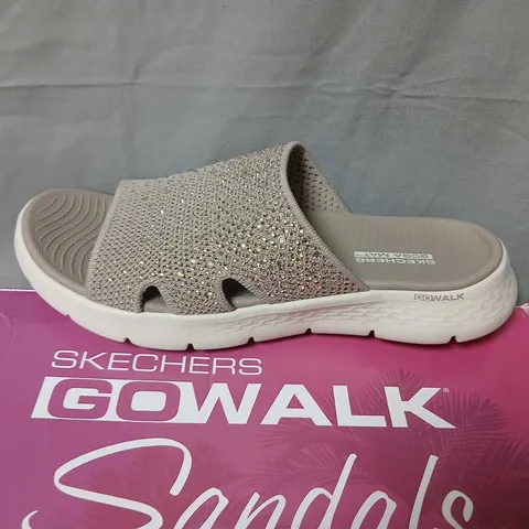 SKECHERS GOWALK SANDALS – WOMEN'S, UK 5 (EU 38), GREY/BEIGE WITH RHINESTONE STRAP