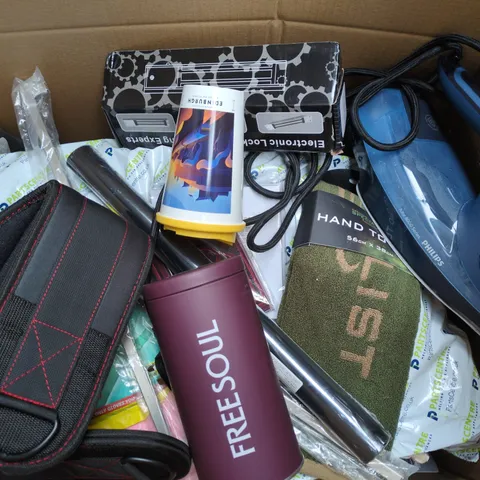BOX OF APPROXIMATELY 15 ASSORTED HOUSEHOLD ITEMS TO INCLUDE CUP ,IRON AND HAND TOWEL