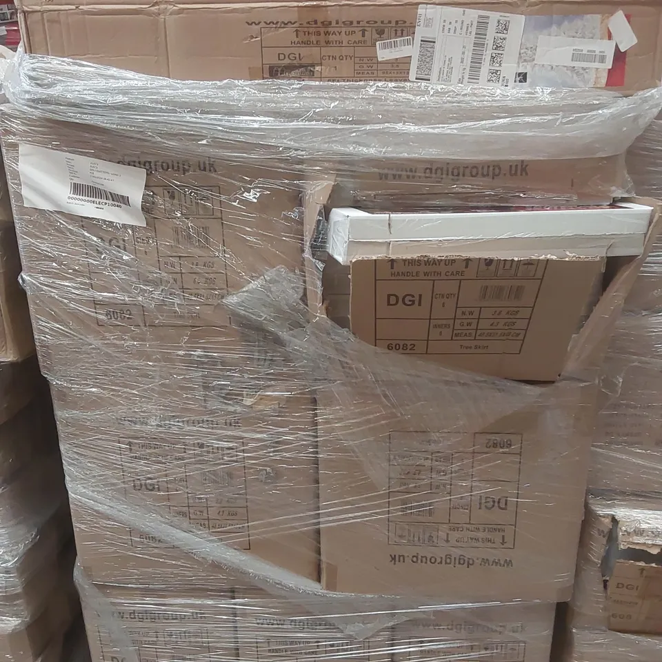 PALLET CONTAINING A VERY LARGE QUANTITY OF ASSORTED ITEMS INCLUDING: LED CHRISTMAS TREE SKIRTS, ARTIFICIAL CHRISTMAS TREES, SCENTED TEA LIGHT ADVENT CALANDERS ECT