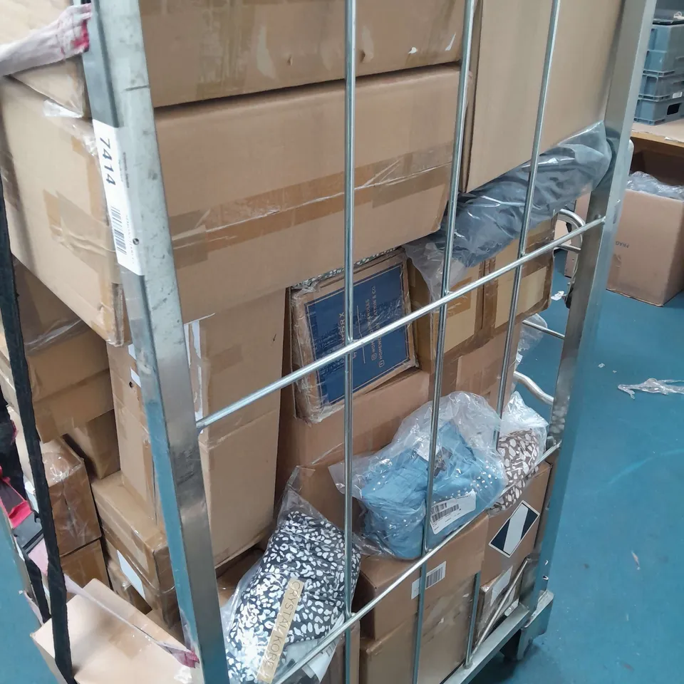 CAGE OF ASSORTED HOMEWARE GOODS TO INCLUDE CANDLE SET , CLOTHING ITEMS , TOOL KITS , ETC 