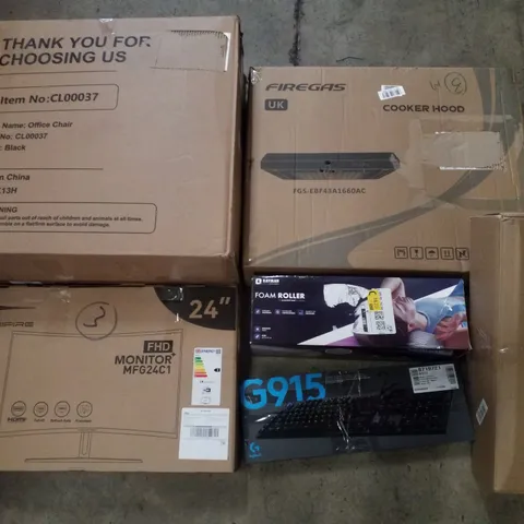 PALLET CONTAINING ASSORTED PRODUCTS INCLUDING OFFICE CHAIR, COOKER HOOD, 24" MONITOR, FOAM ROLLER, LOGITECH MECHANICAL KEYBOARD & 16:9 OUTDOOR PROJECTOR SCREEN
