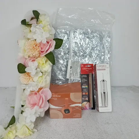 LOT OF APPROXIMATELY 15 ASSORTED HOUSEHOLD ITEMS TO INCLUDE ARTIFICIAL FLOWERS, ORAL IRRIGATOR AND RAIN SHEETS