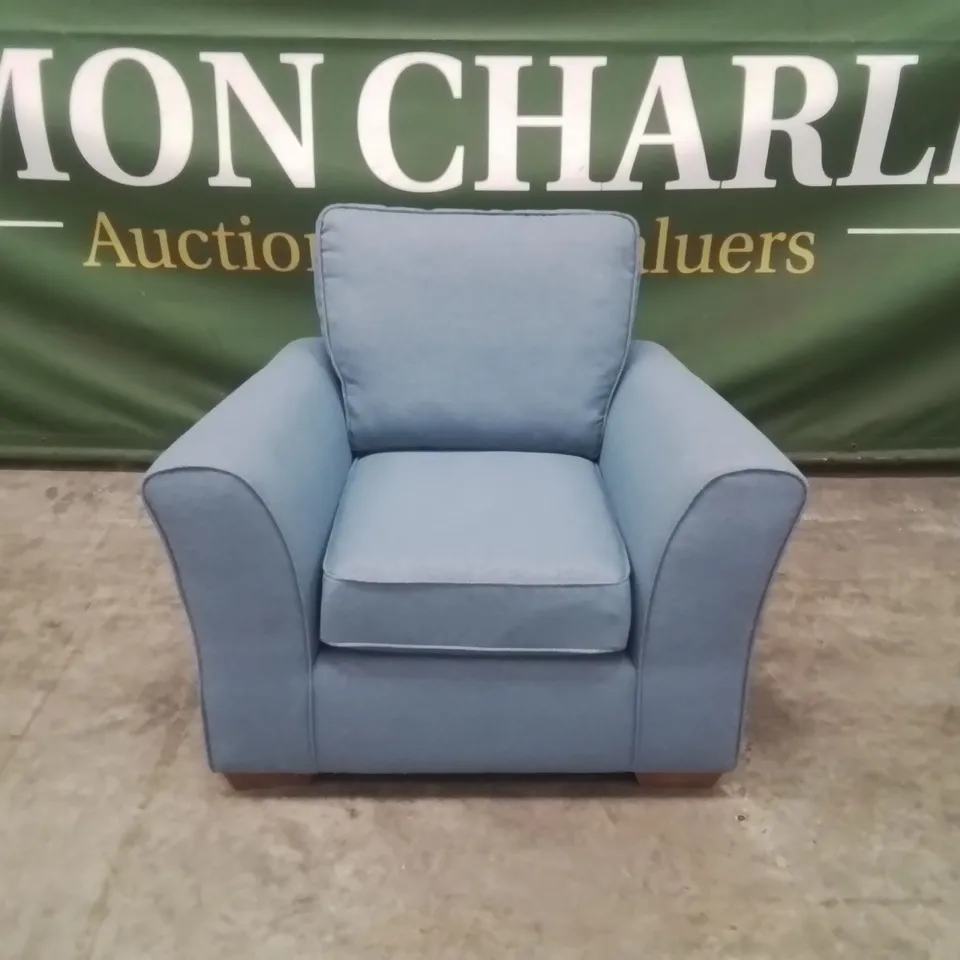 QUALITY DESIGNER EX SHOWROOM FABRIC UPHOLSTERED ARMCHAIR - SKY BLUE