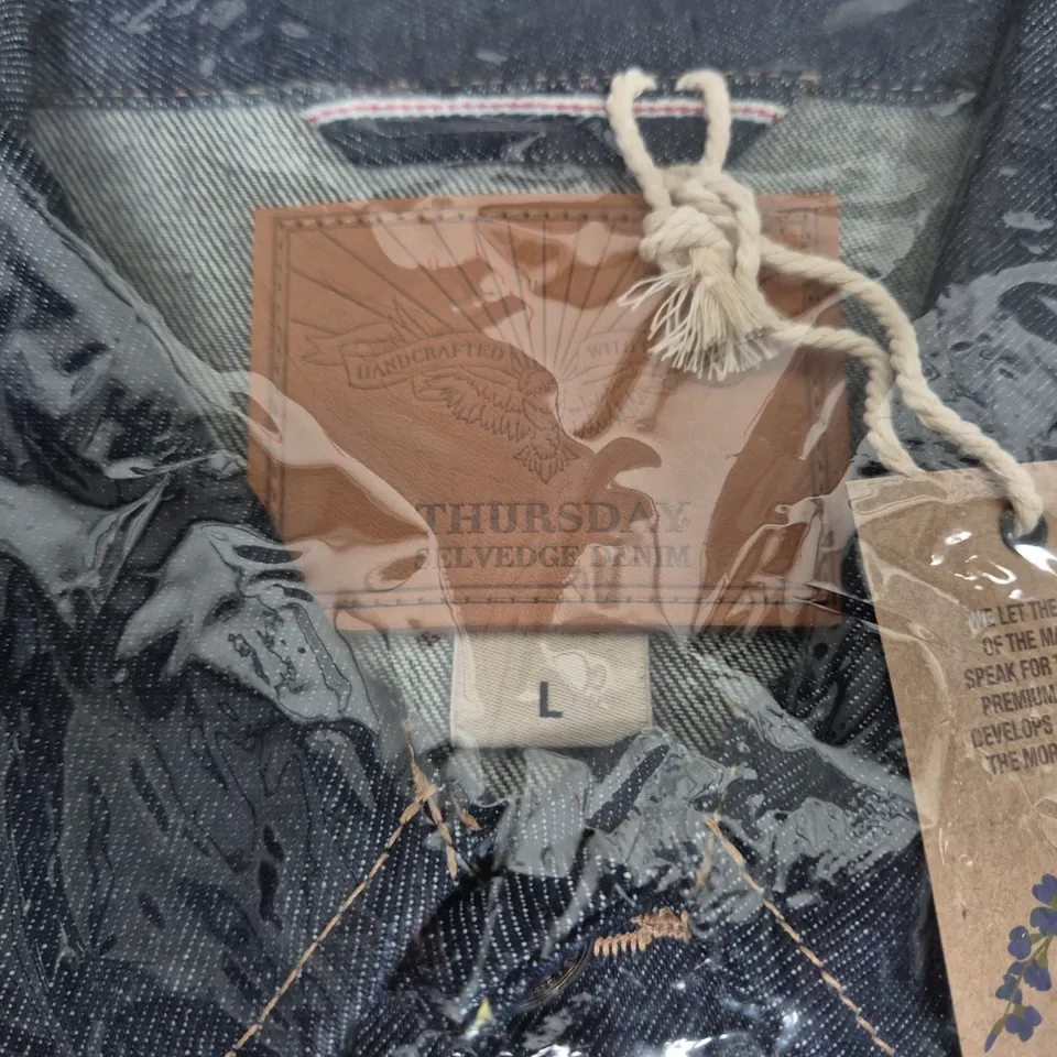 BAGGED THURSDAY RAW INDIGO SELVEDGE DENIM TRUCKER JACKET – SIZE L 