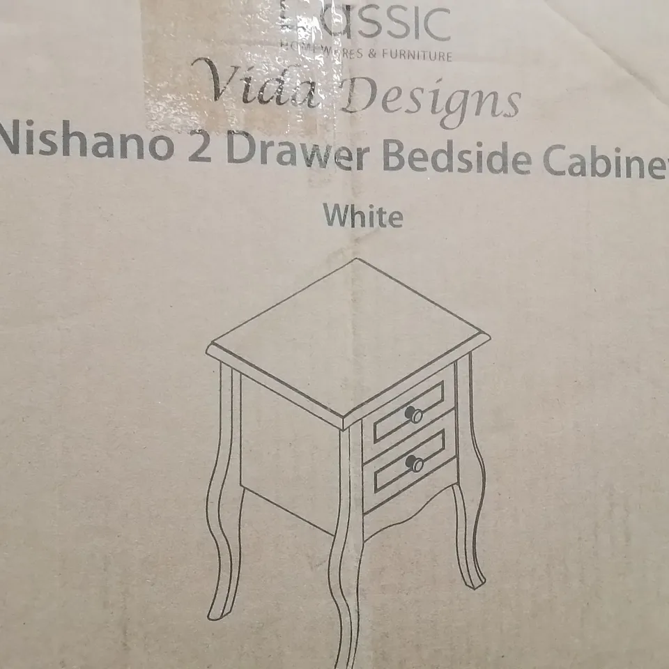 BOXED NISHANO 2 DRAWER BEDSIDE TABLE -WHITE-