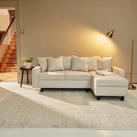 QUALITY BOXED MITZI 3 SEATER VELVET CORNER SECTIONAL SOFA - OATMEAL LINEN (2 BOXES)