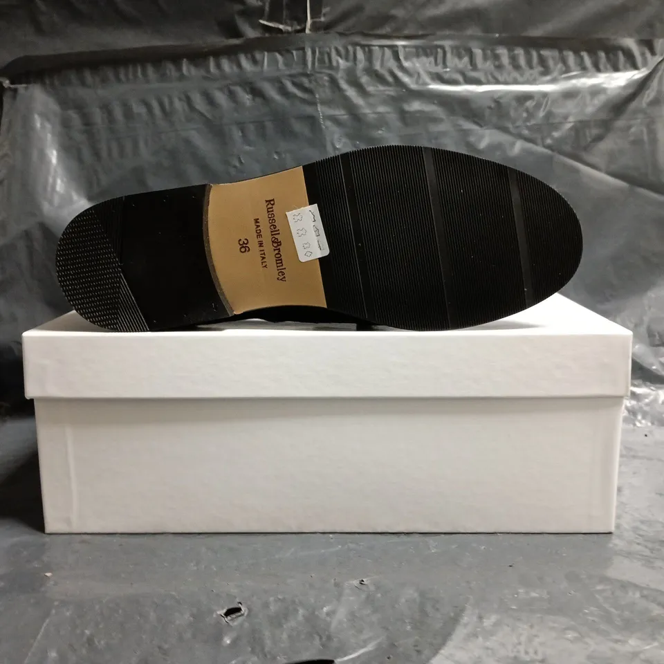 BOXED PAIR OF RUSSELL & BROMLEY SHOES IN DEEP GRAPE SIZE EU 36